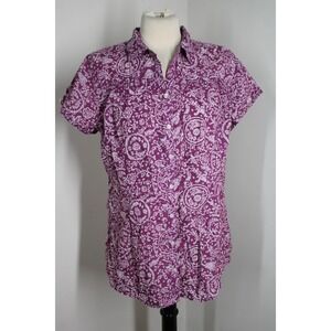 Eddie Bauer L Purple Paisley Floral Print Button Up Short Sleeve Shirt Top